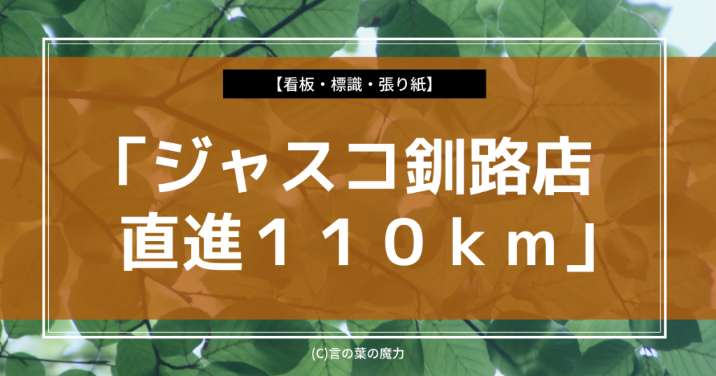 道路の看板 ジャスコ釧路店 直進１１０ｋｍ 北海道のサイズ感 駐車場も凄い 言の葉の魔力