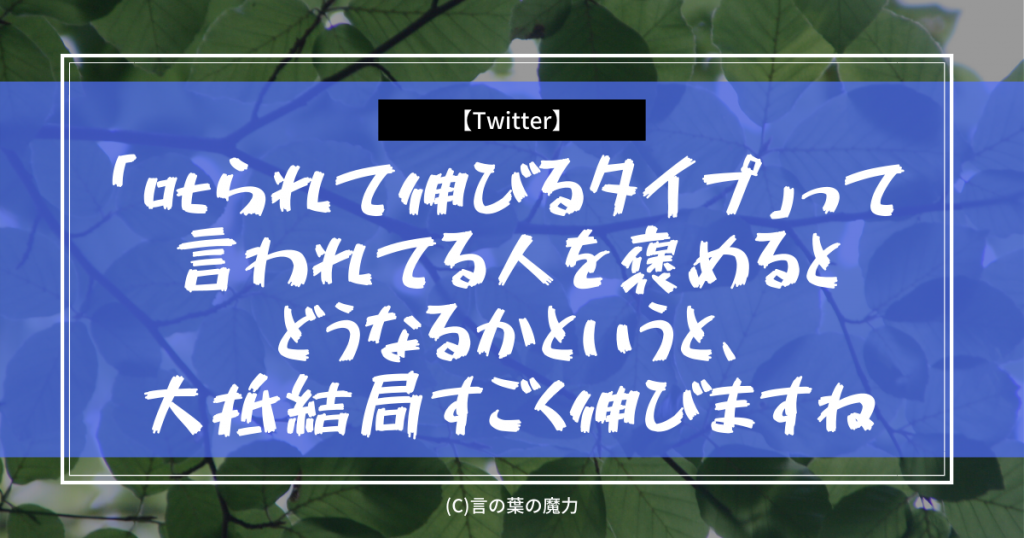 「叱られて伸びるタイプ」って言われてる人を褒めるとどうなるかというと、大抵結局すごく伸びますね 言の葉の魔力